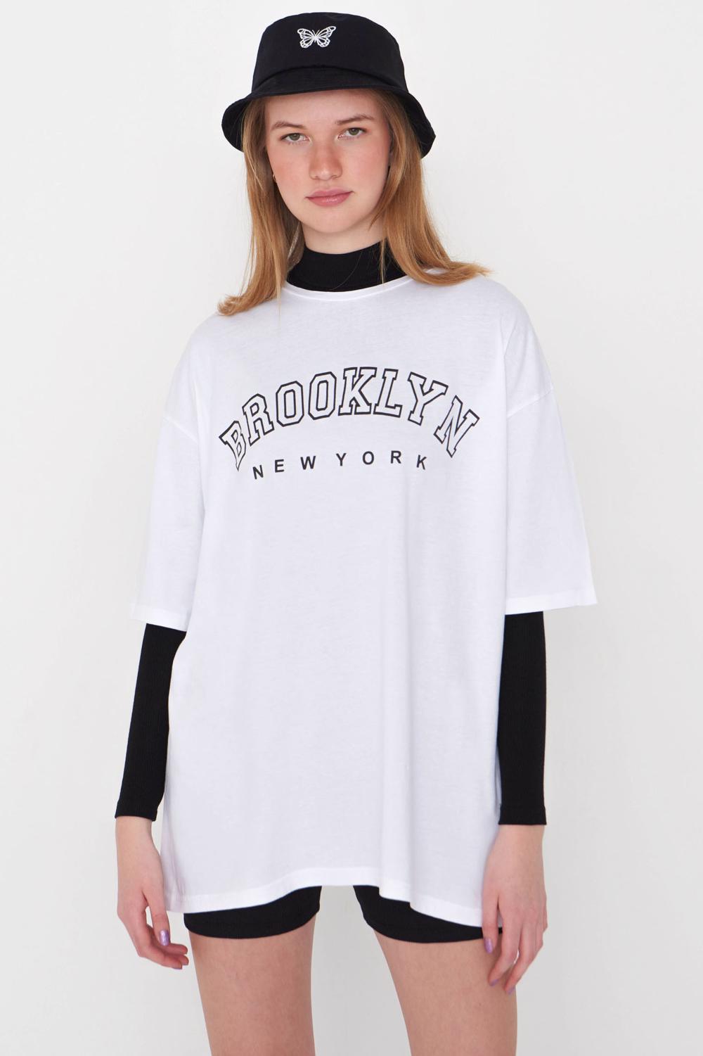 Beyaz BROOKLYN Yazılı T-shirt P1132 – W11