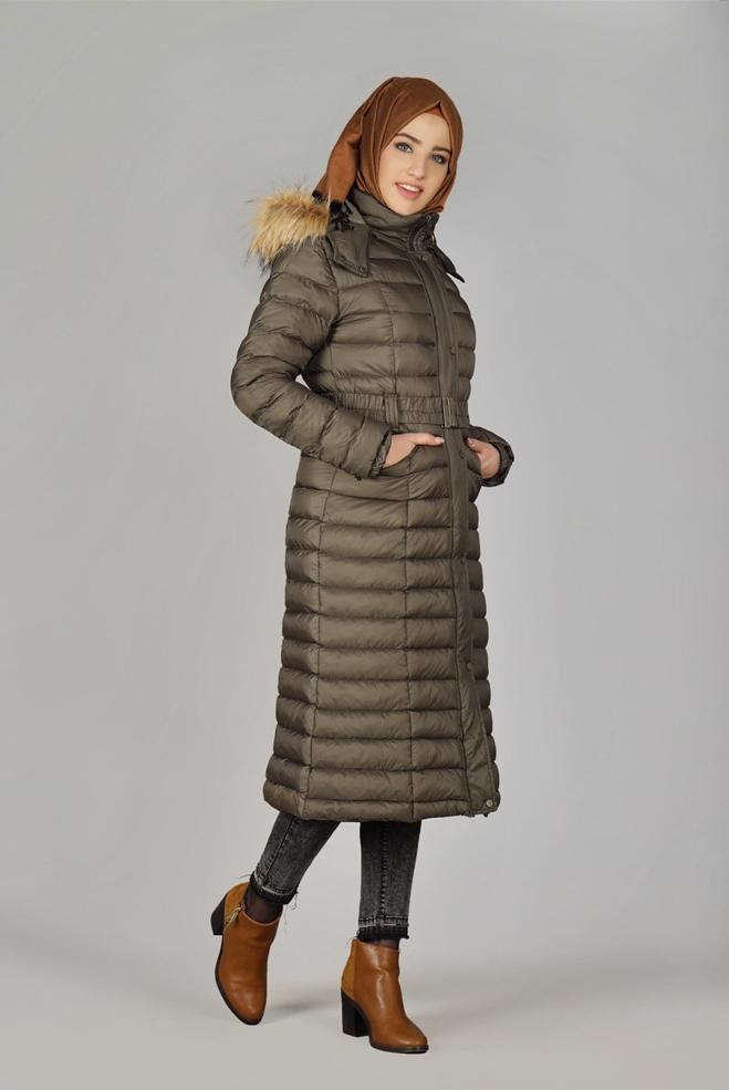 khaki belted puffer coat