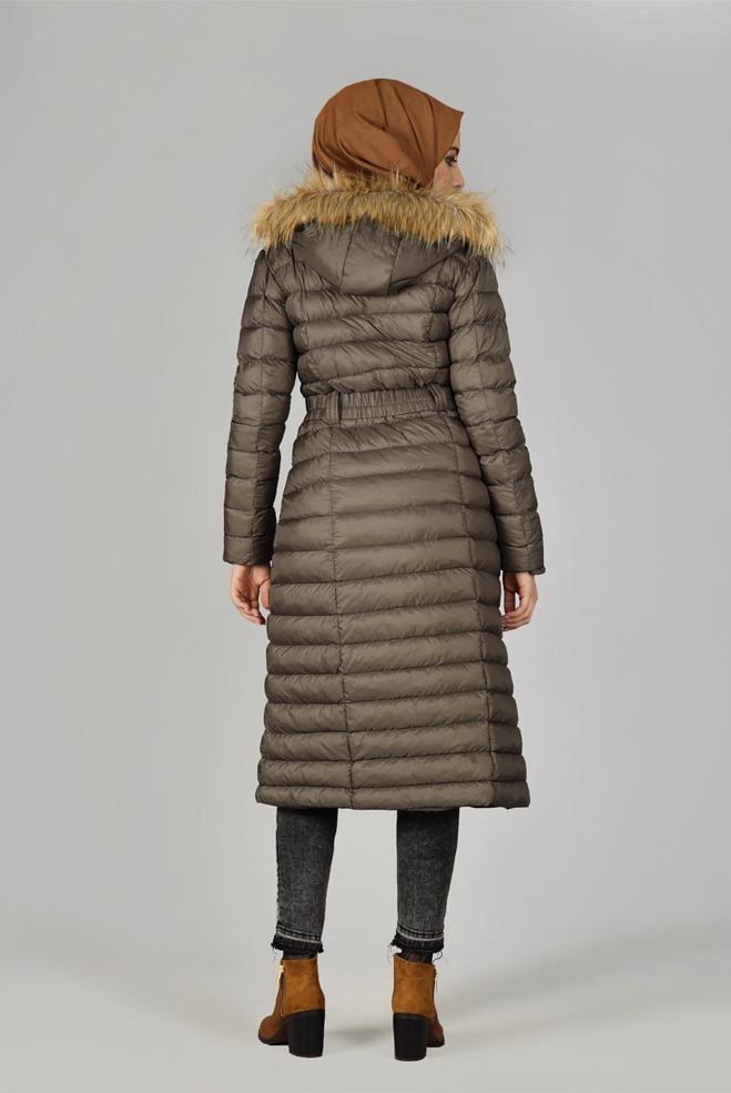 khaki belted puffer coat