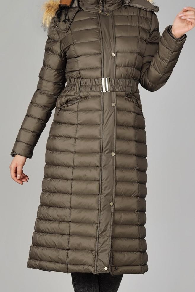 khaki belted puffer coat