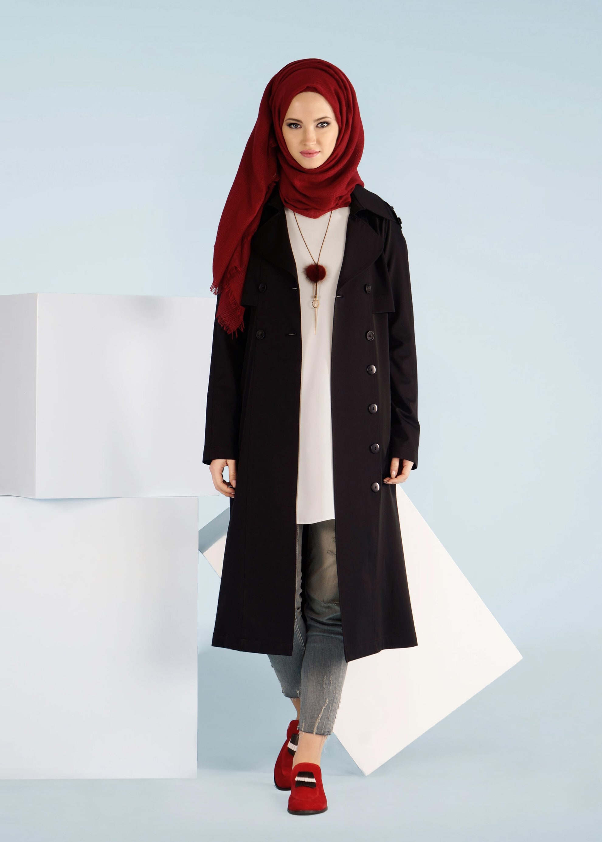 BLACK 1019 YAREN 43717 TRENCH 38/46 TEK38 Modest Hijab Clothing ALVİNA