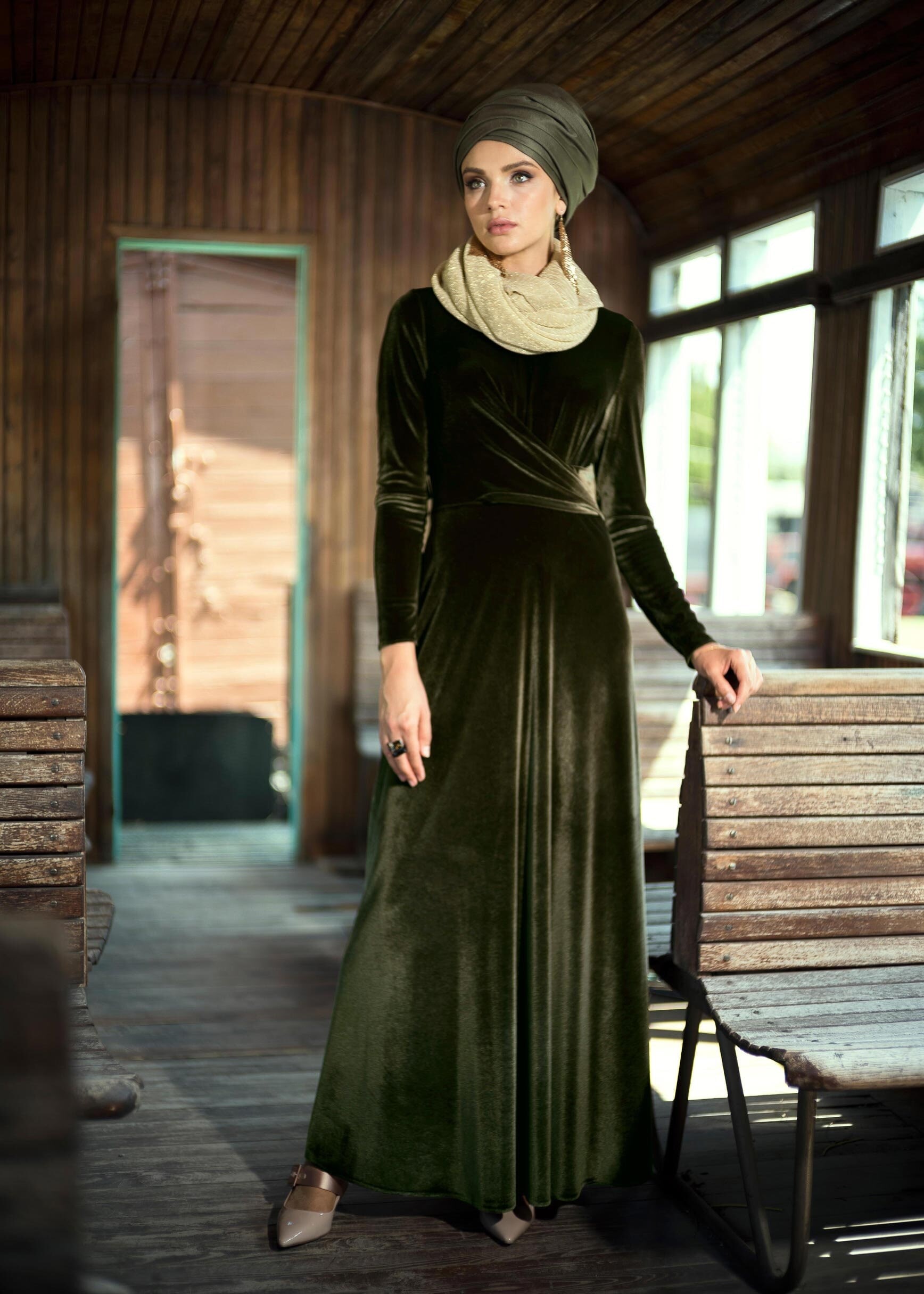 Khaki velvet dress hotsell