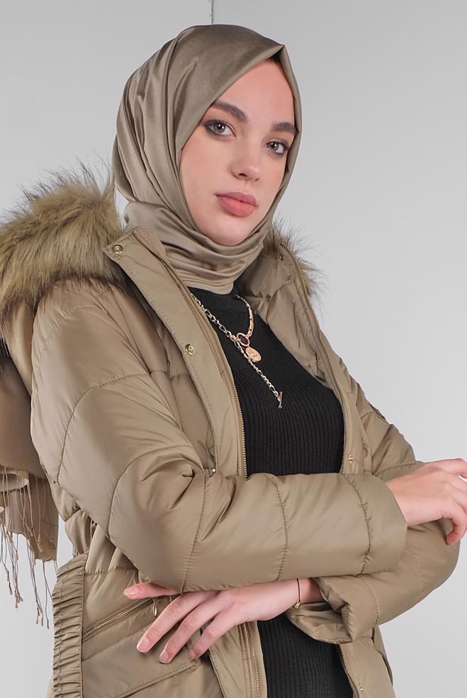 beige puffer coat with fur hood
