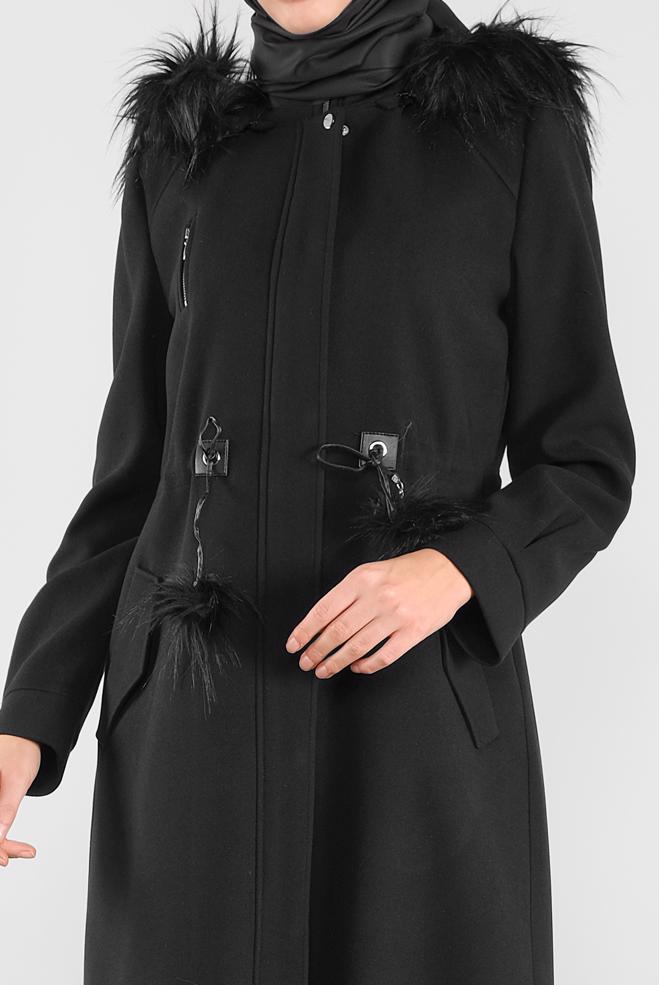 black faux fur trim duffle coat