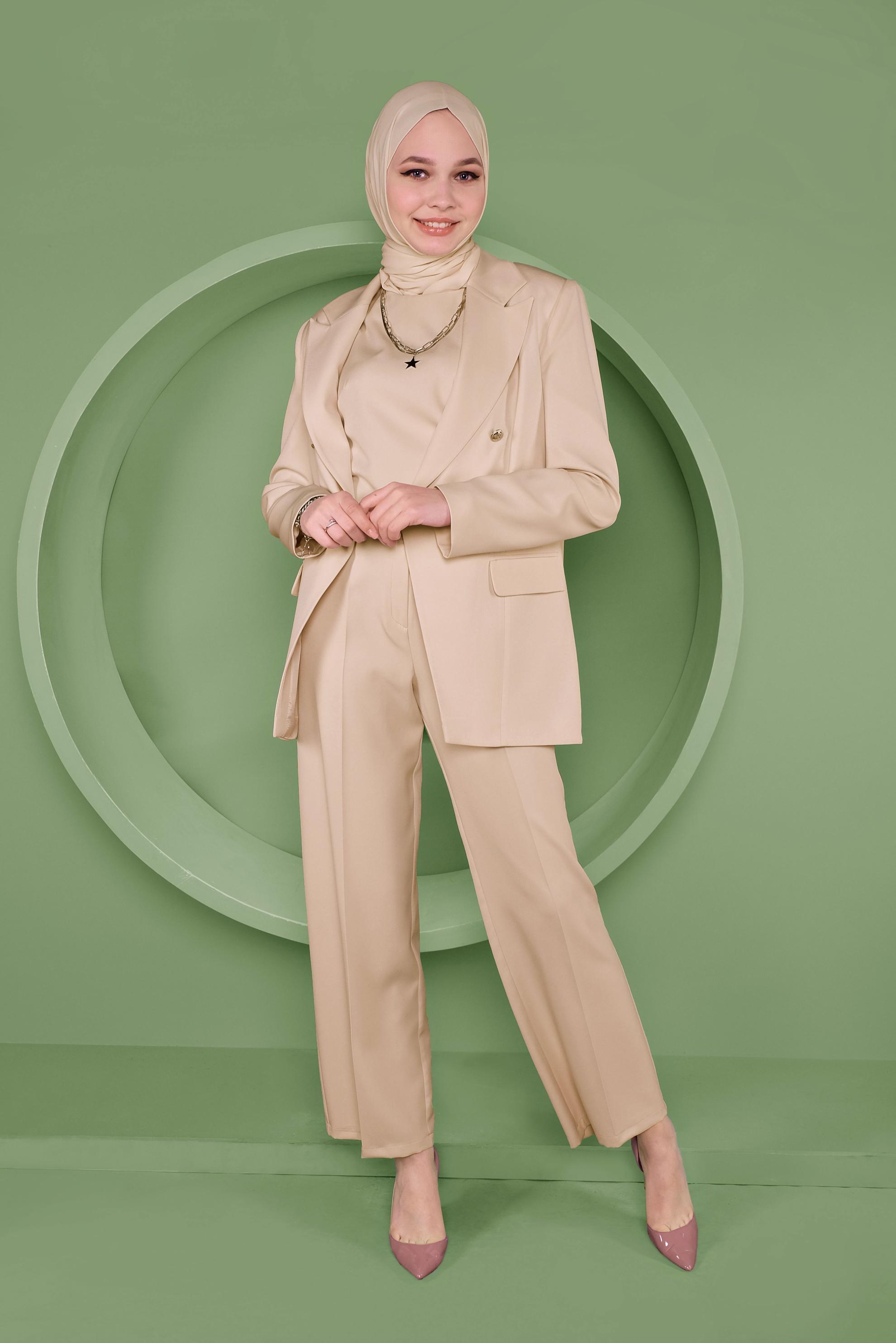 Beige 3-piece Pantsuit for Women, Beige Blazer Trouser Suit for