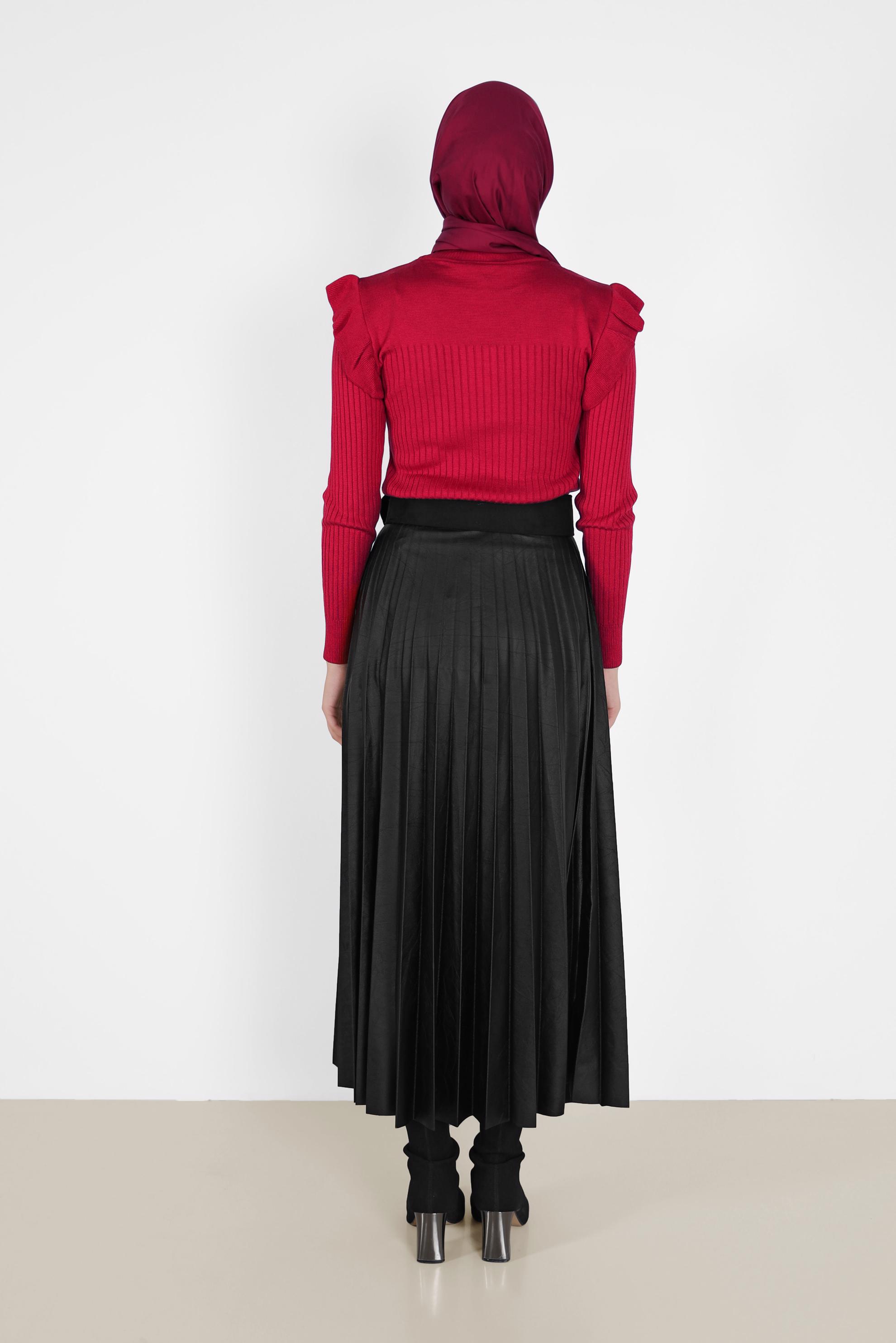 Dark red clearance leather pleated skirt