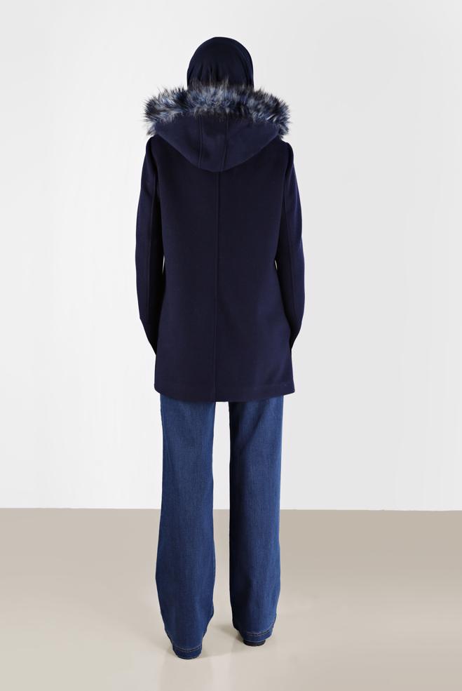 Female Navy blue FURRY HOODED COAT WITH POCKET 90241 