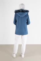 Female Navy blue FURRY HOODED COAT WITH POCKET 90241 