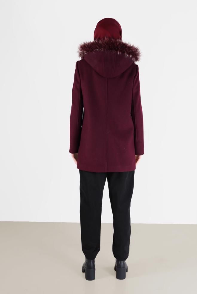 Female claret red FURRY HOODED COAT WITH POCKET 90241 