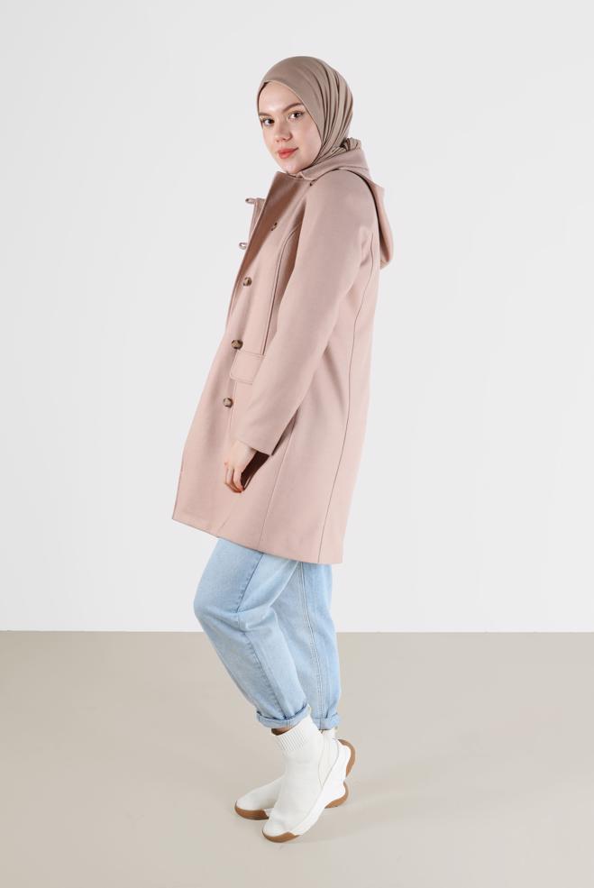 Female beige BUTTONED HOODED COAT 90242 