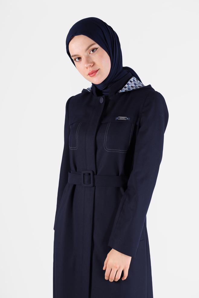 Female Navy blue HOUNDSTOOTH TEXTURED HOODED BELTED TOPCOAT 10479 