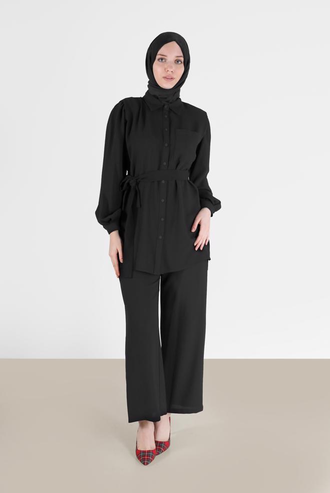 Female black BELTED 2-PIECE CREPE SUIT WITH PANTS 42311 