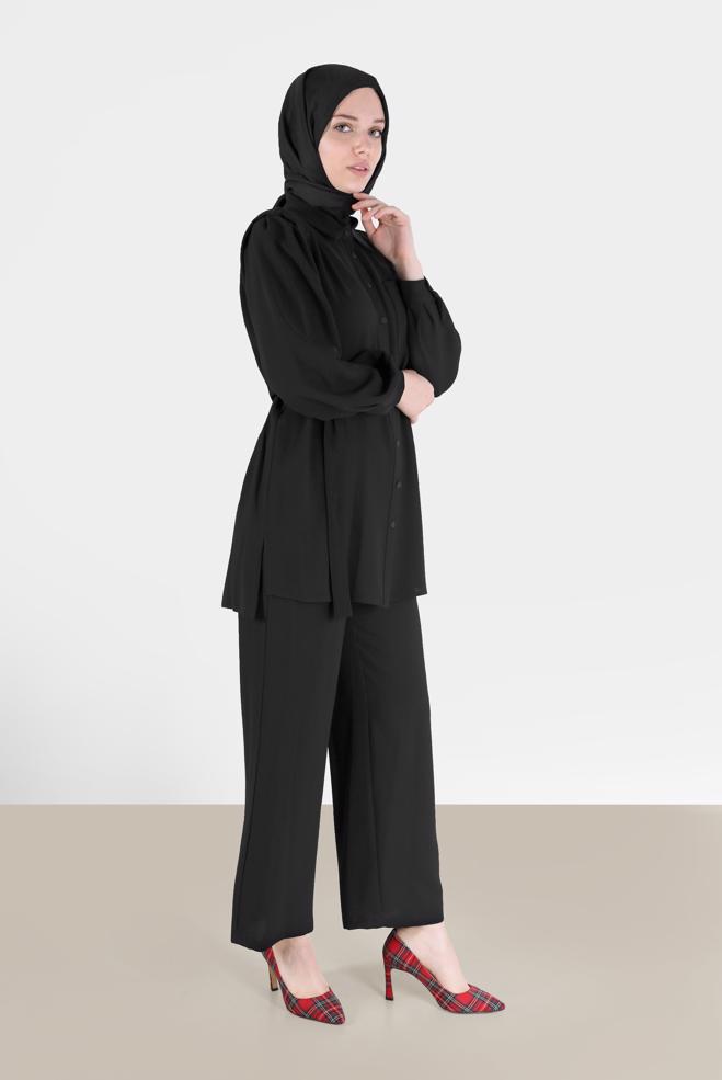 Female black BELTED 2-PIECE CREPE SUIT WITH PANTS 42311 