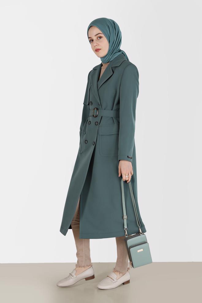 Female green DOUBLE BREASTED BELTED TRENCH COAT 10468 