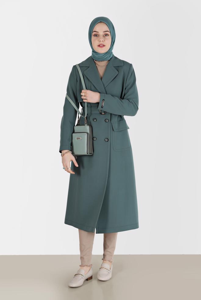 Female green DOUBLE BREASTED BELTED TRENCH COAT 10468 