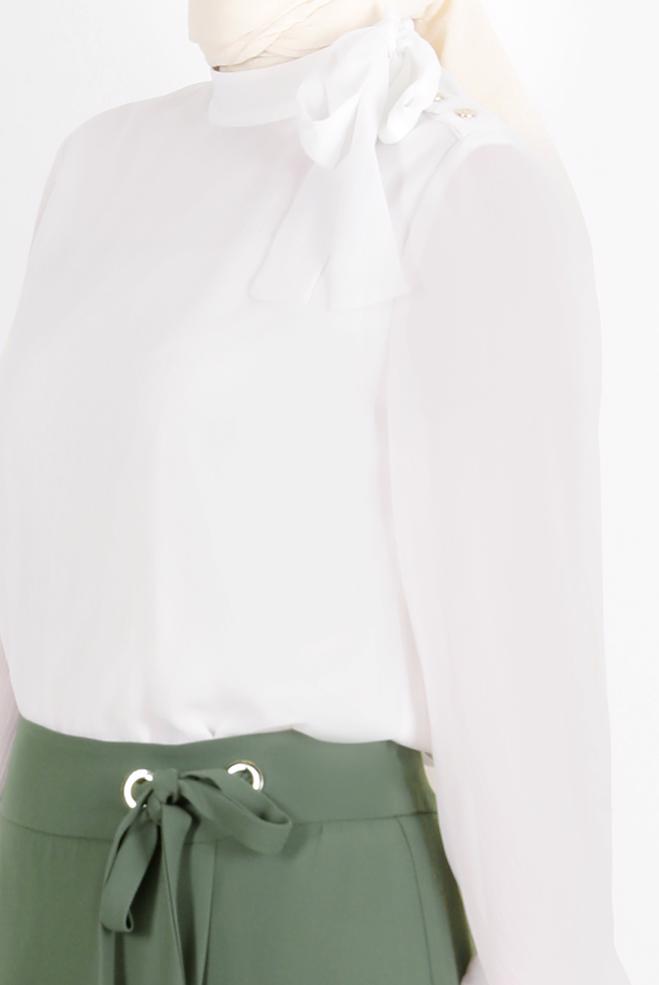 Female white TIE DETAIL BUTTONED SATIN BLOUSE 42759 