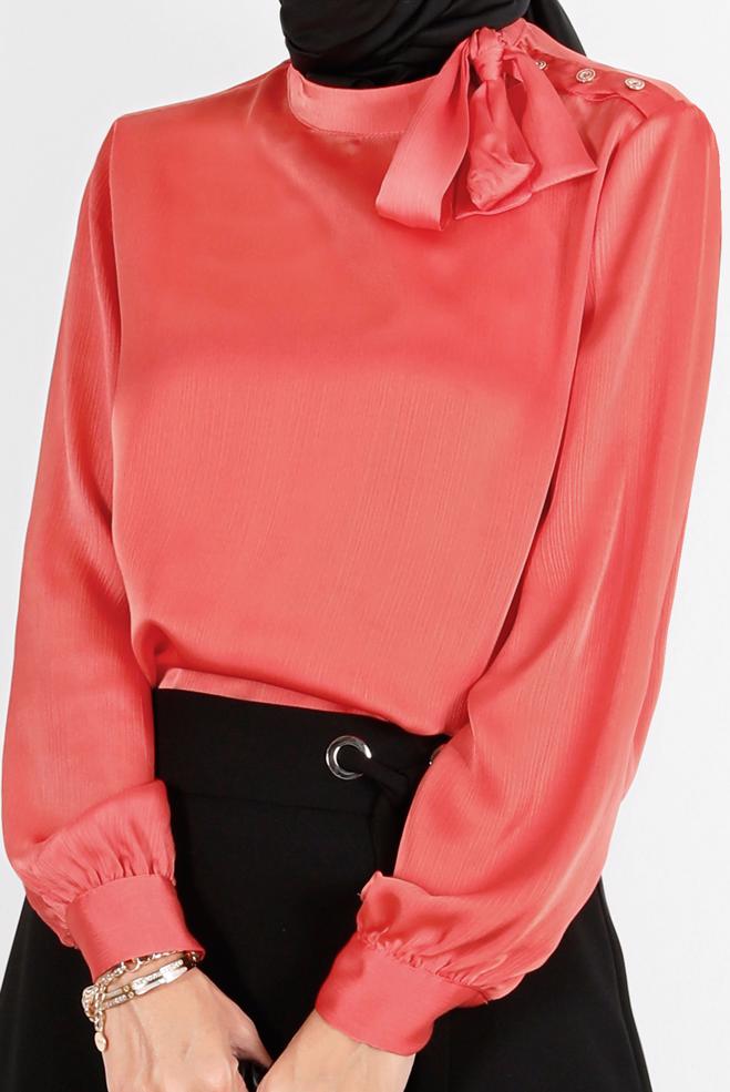 Female coral TIE DETAIL BUTTONED SATIN BLOUSE 42759 