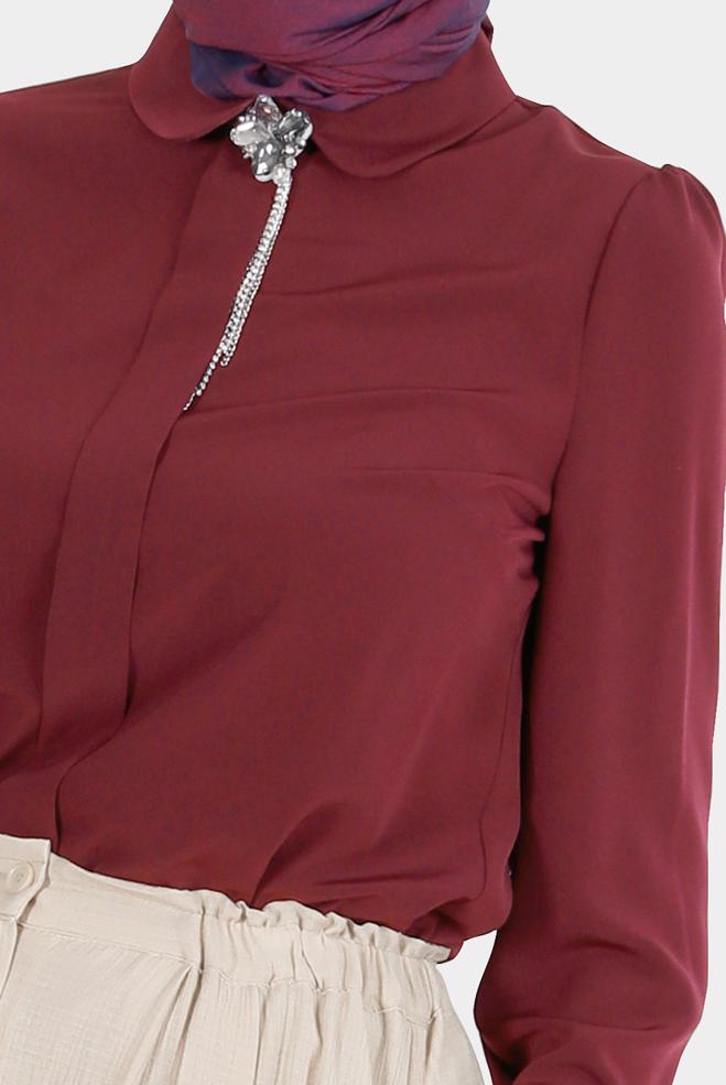 Female claret red BROOCH DETAIL BLOUSE 42830 