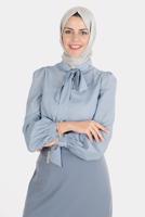 Female blue TIED COLLAR PATTERNED BLOUSE 42925 