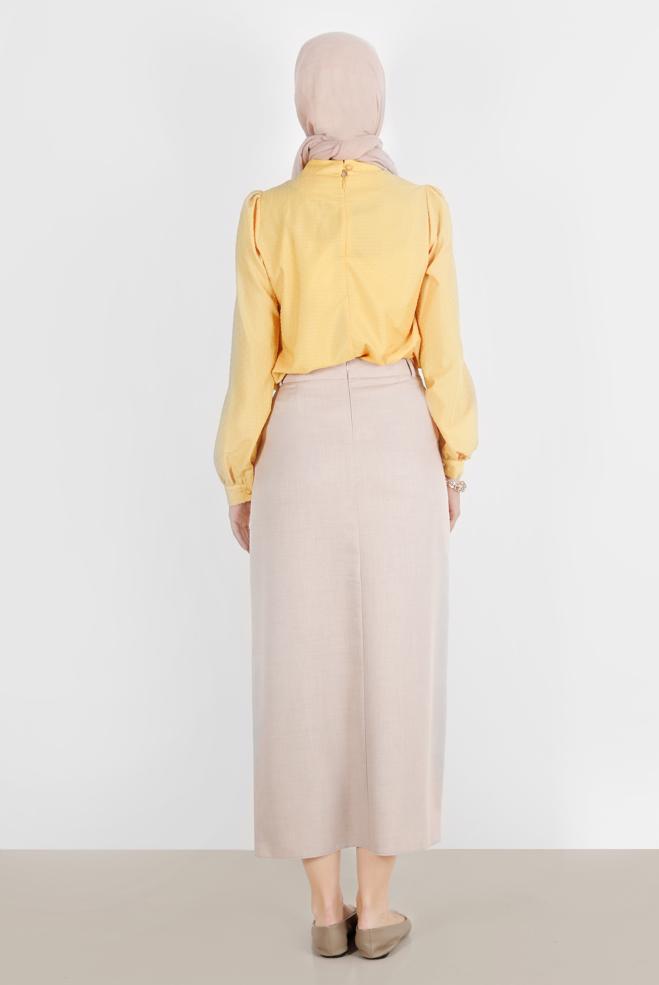 Female yellow TIED COLLAR PATTERNED BLOUSE 42925 