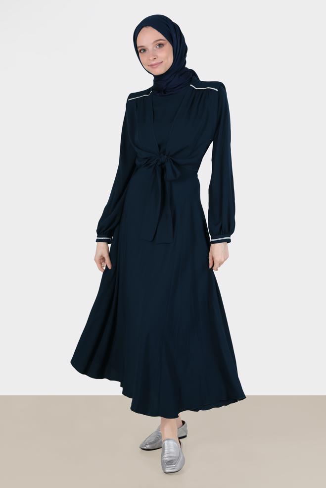 Female Navy blue PADDED TIE DETAIL 2-PIECE SKIRTED SUIT 42519 