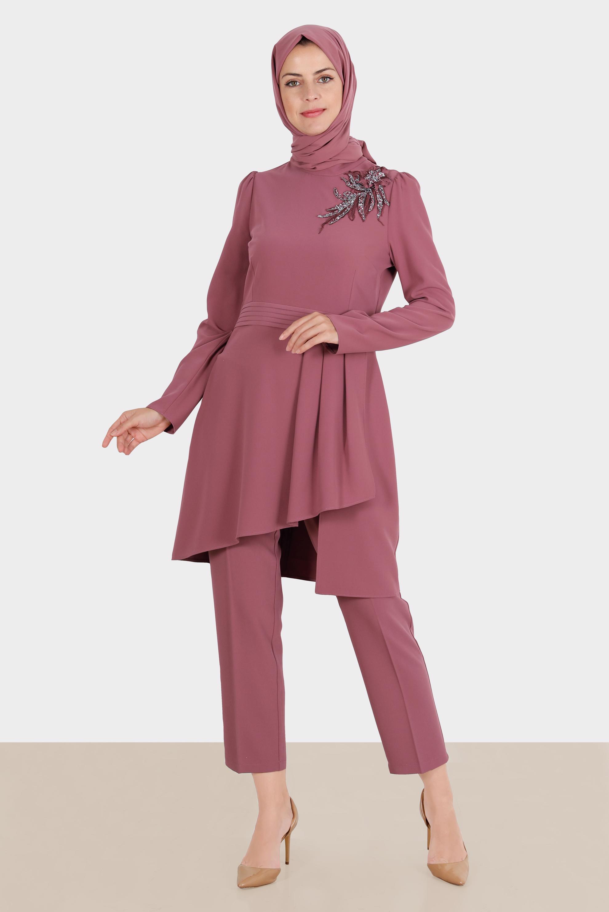 ASYMMETRIC CUT 2-PIECE PANTS SUIT WITH GEM | ALVİNA