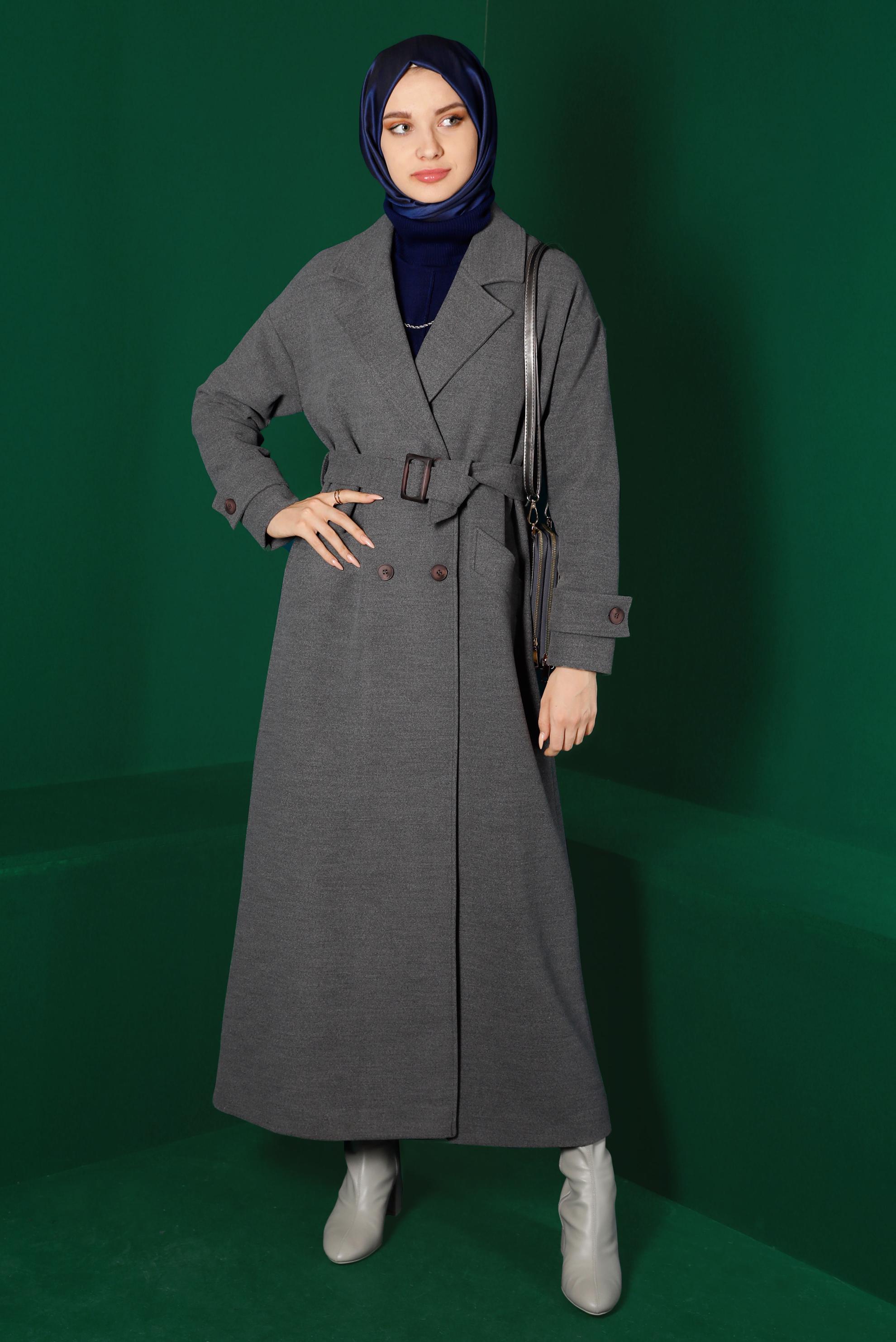 Manteau long ceinturé à boutons gris moyen femme