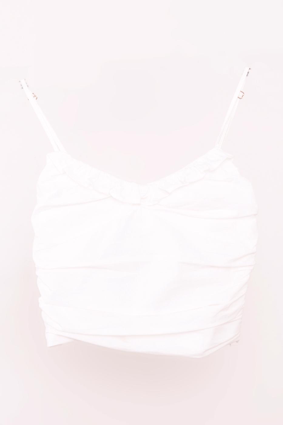 Bayan Beyaz Sırt Gipe Detaylı Yaka Fırfırlı Askılı  Bluz