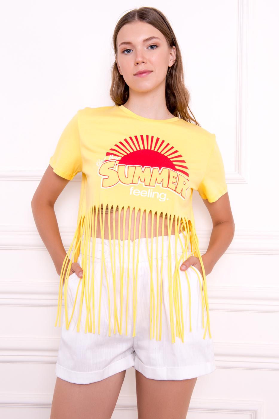 Bayan Sarı Etek Ucu Kesik Püskül Detaylı Baskılı Tişört