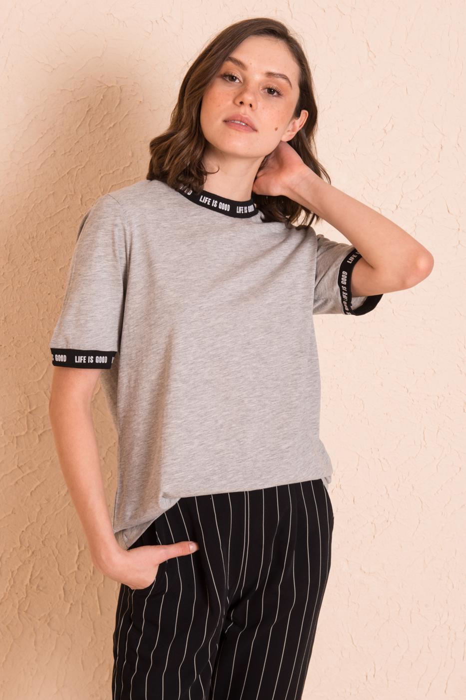 Md Trend Kadin Gri Alti Lastikli Kisa T Shirt Mdt4765 Trendyol
