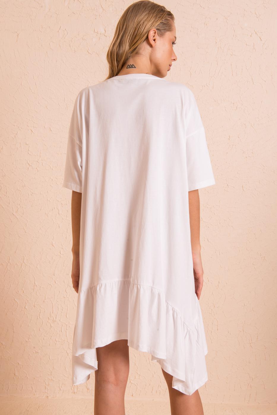 Bayan Beyaz Asimetrik Etek Ucu Detaylı Elbise