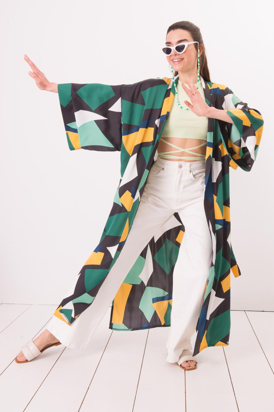 Bayan Yeşil Bel Kemer Bağlama Detaylı Kimono
