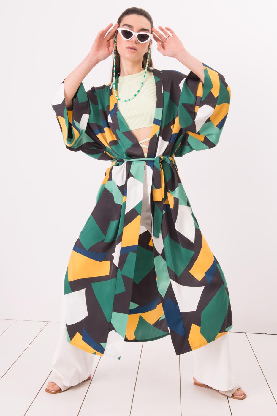 Bayan Yeşil Bel Kemer Bağlama Detaylı Kimono