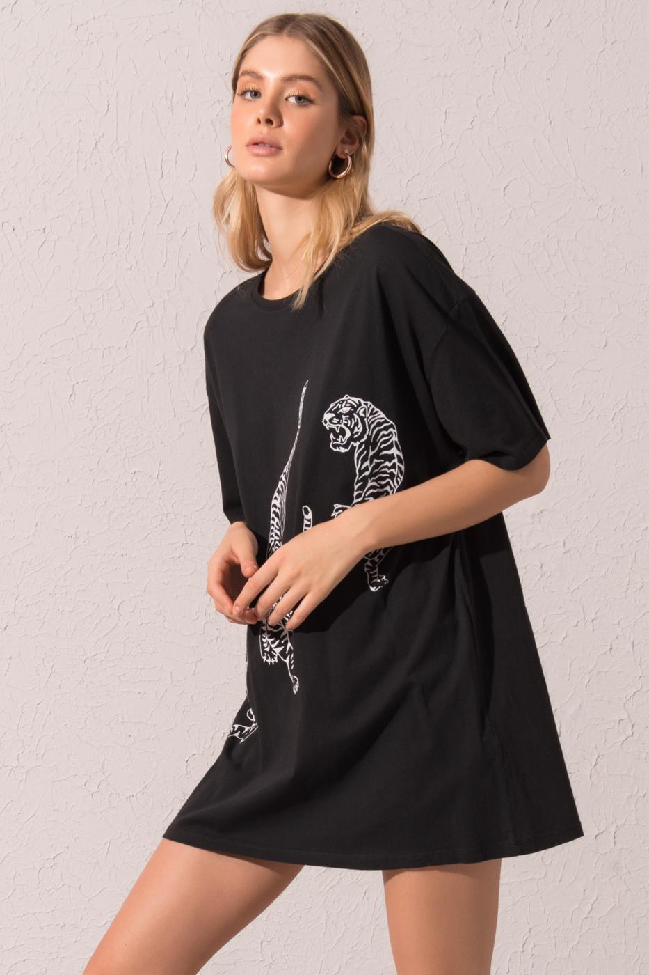 Bayan Siyah Baskı Detaylı Mini Basic Elbise