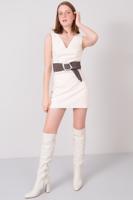 Bayan Ekru V Yaka Detaylı Kolsuz Mini Suni Deri Elbise