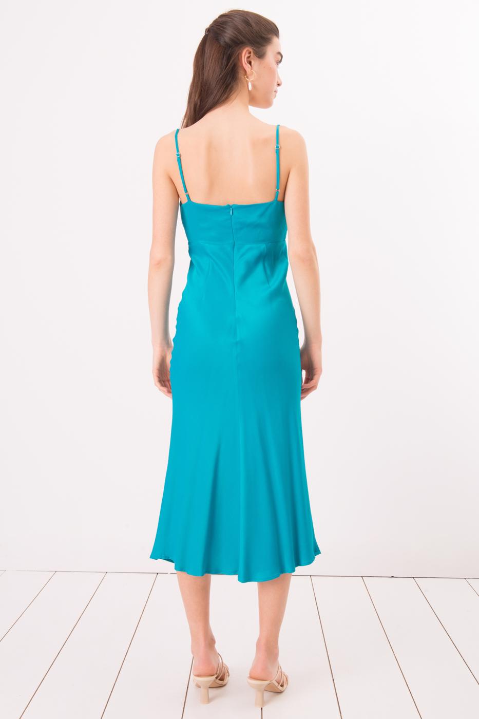 Bayan Mavi Pencere Detaylı Askılı Midi Elbise