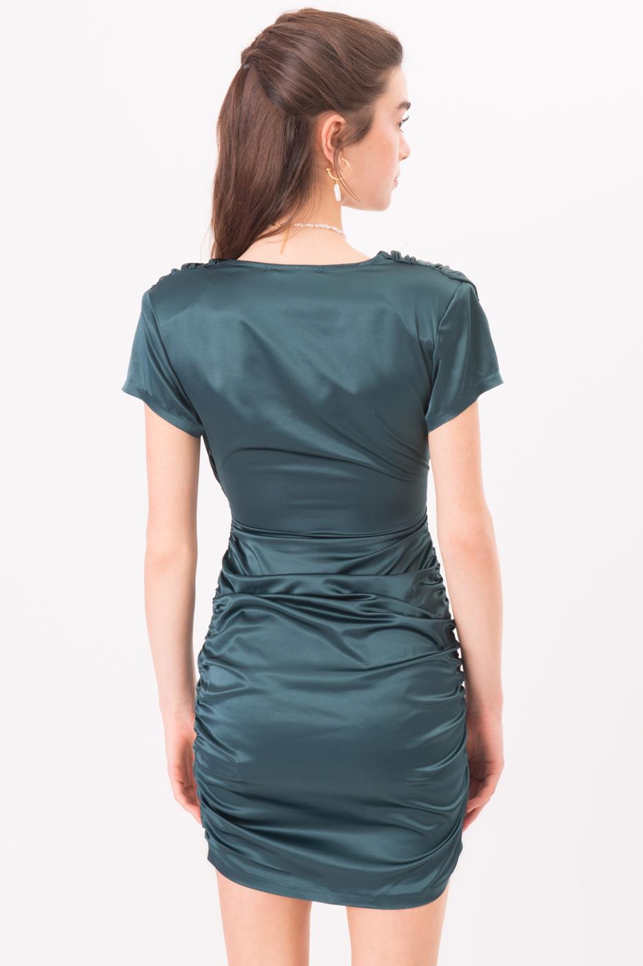 Bayan Yeşil Drape Detaylı V Yaka Mini Elbise