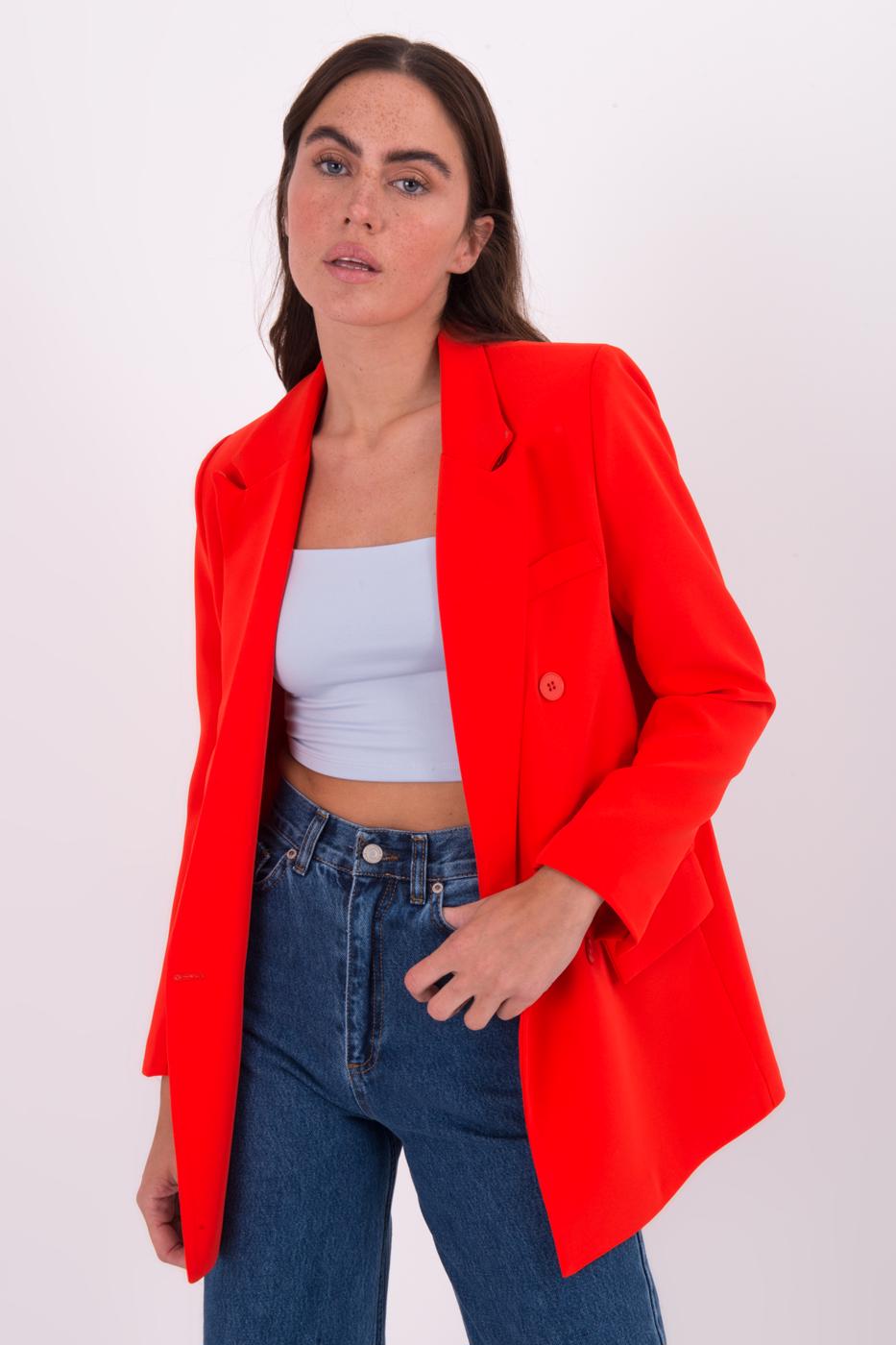 Bayan Kırmızı Kruvaze Kapama Blazer Ceket