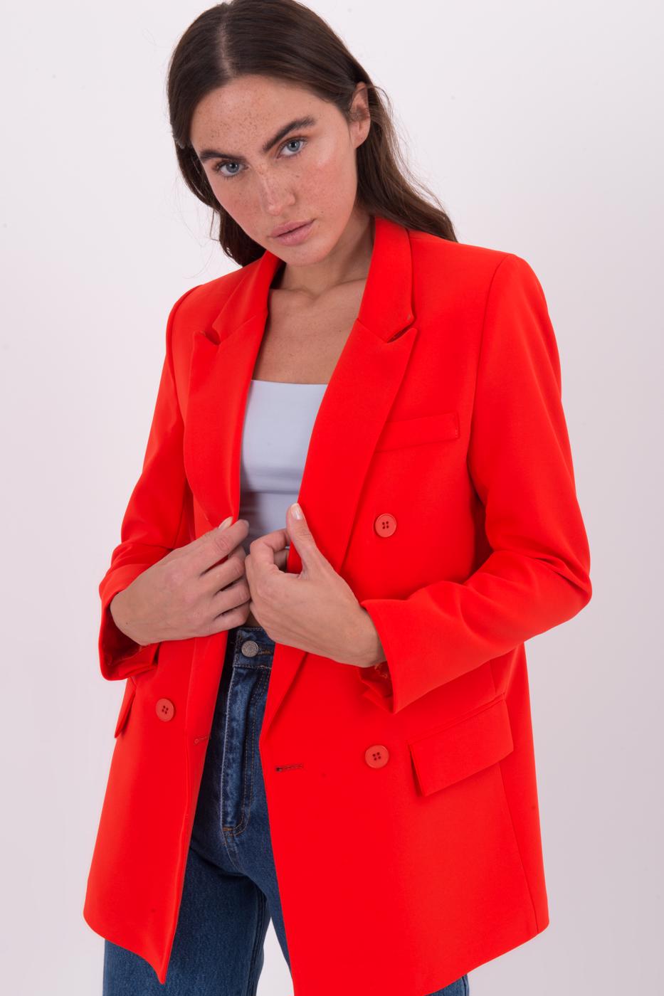 Bayan Kırmızı Kruvaze Kapama Blazer Ceket