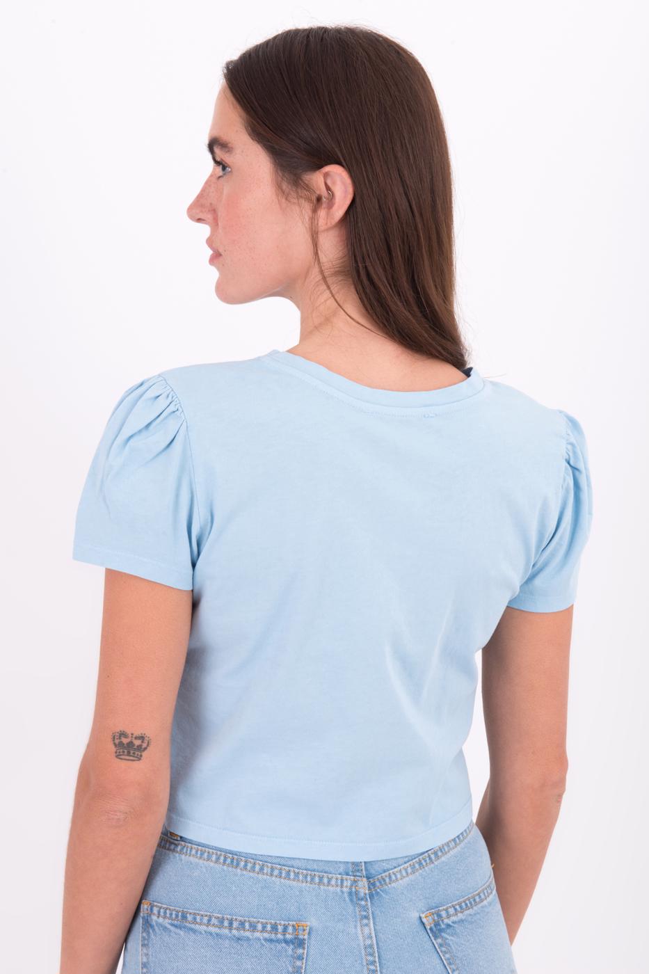Bayan Mavi Bisiklet Yaka Yıkama Detaylı Tişört