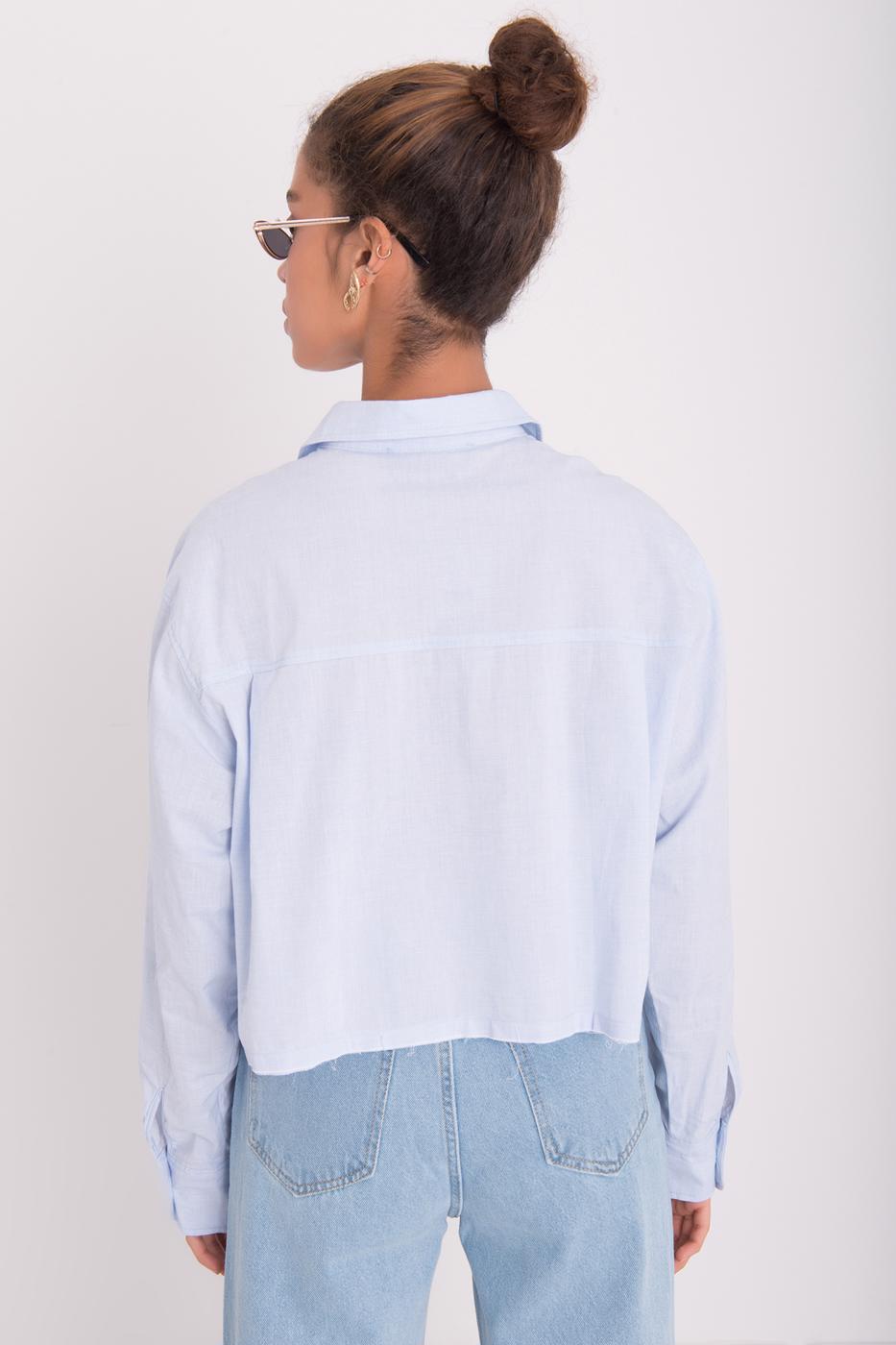 Bayan Mavi Uzun Kol Detaylı Crop Gömlek