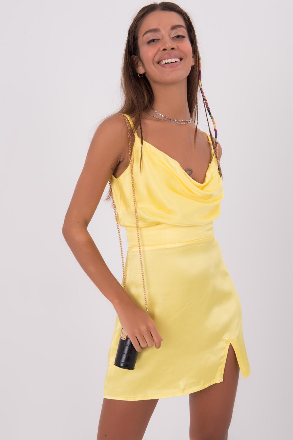 Bayan Sarı Degaje Yaka Dtaylı Mini Elbise