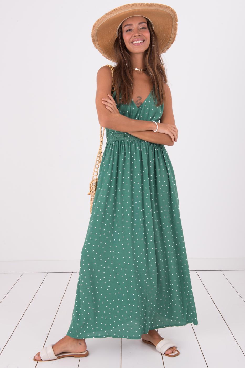 Bayan Yeşil İp Askılı Sırt Dekolteli Maksi Elbise