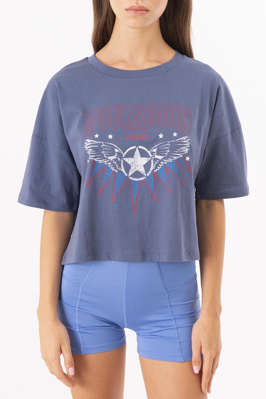 Bayan Mavi Ön Baskı Detaylı Basic Tişört