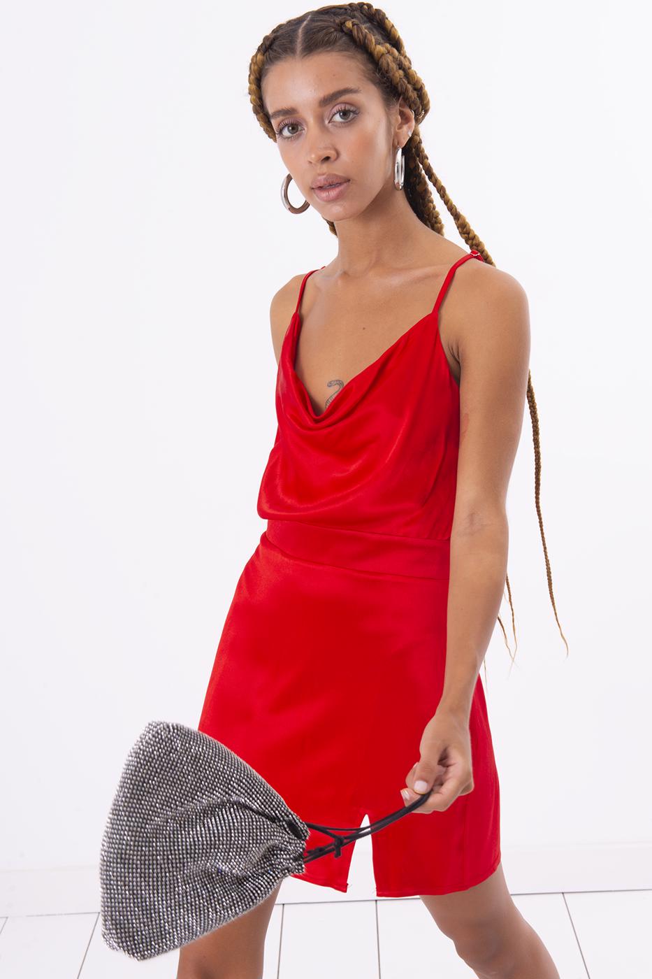 Bayan Kırmızı Degaje Yaka Detaylı Mini Elbise