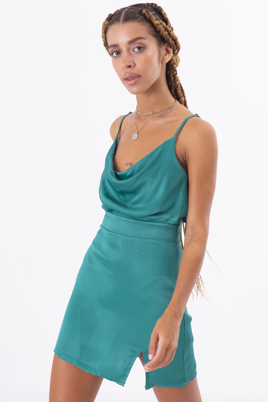 Bayan Yeşil Degaje Yaka Detaylı Mini Elbise