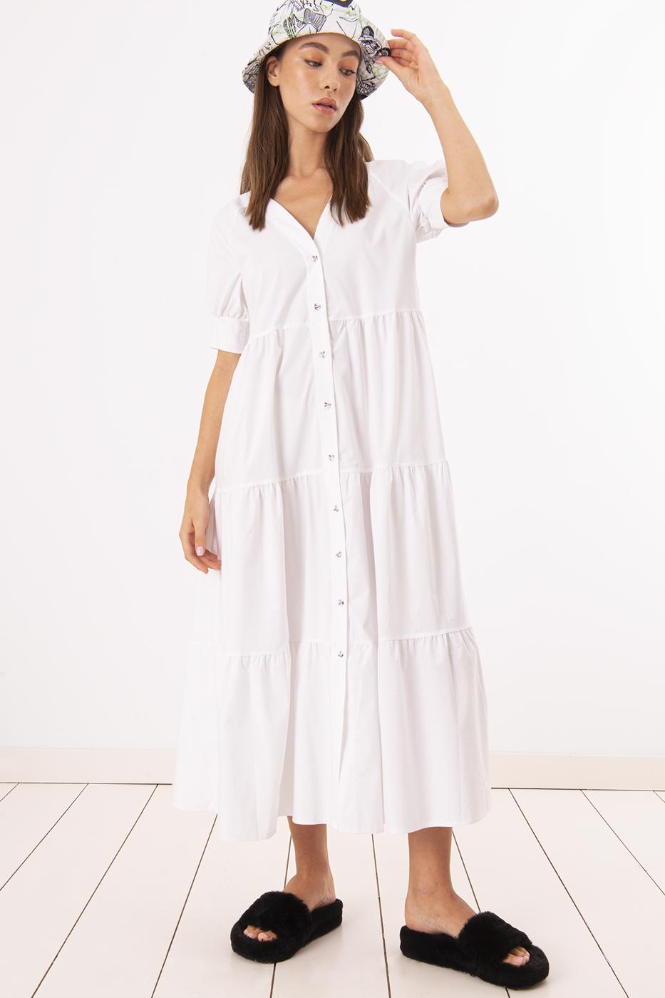 Bayan Beyaz Katlı V Yaka Midi Elbise