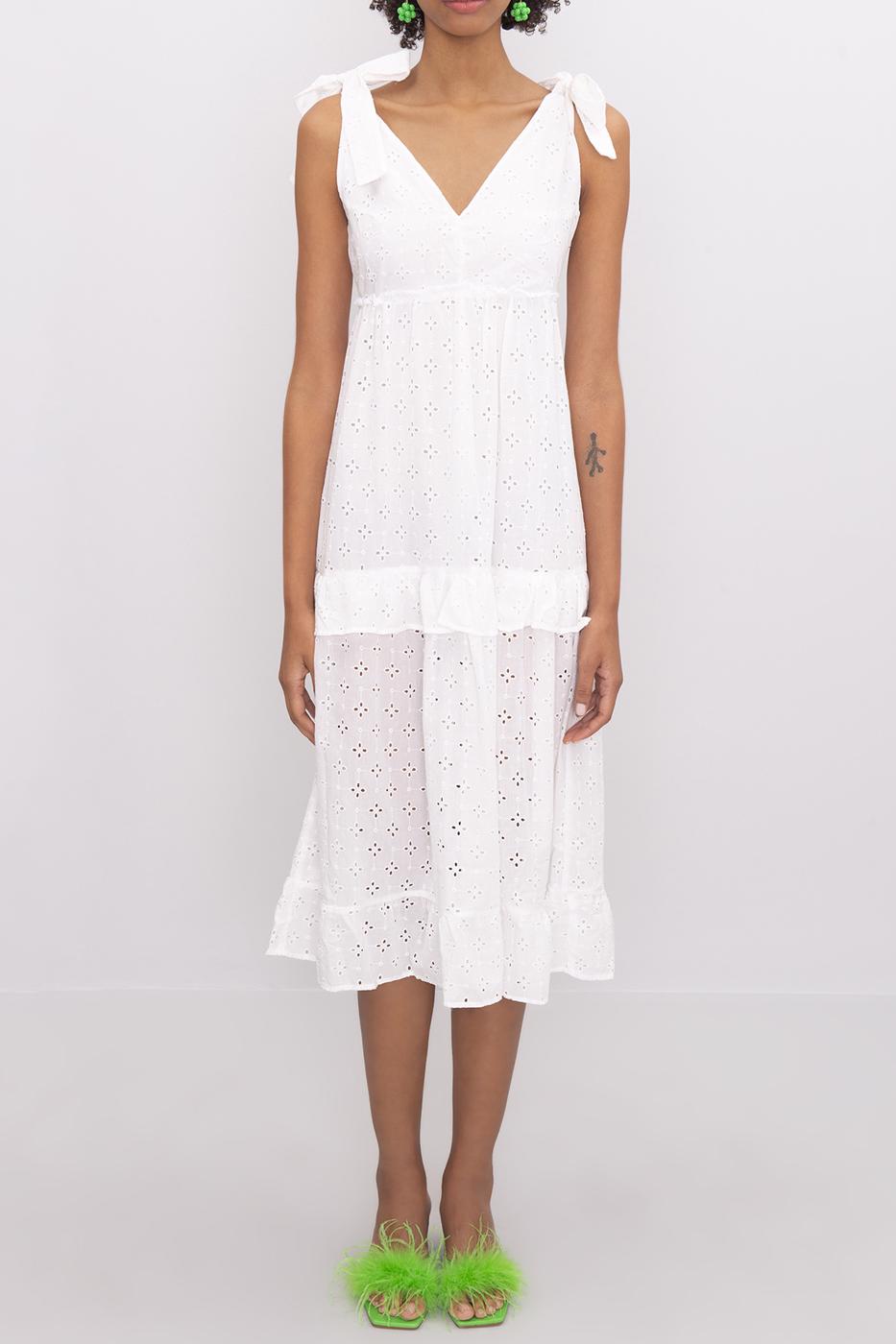 Bayan Beyaz V Yaka Detaylı Katlı Midi Elbise