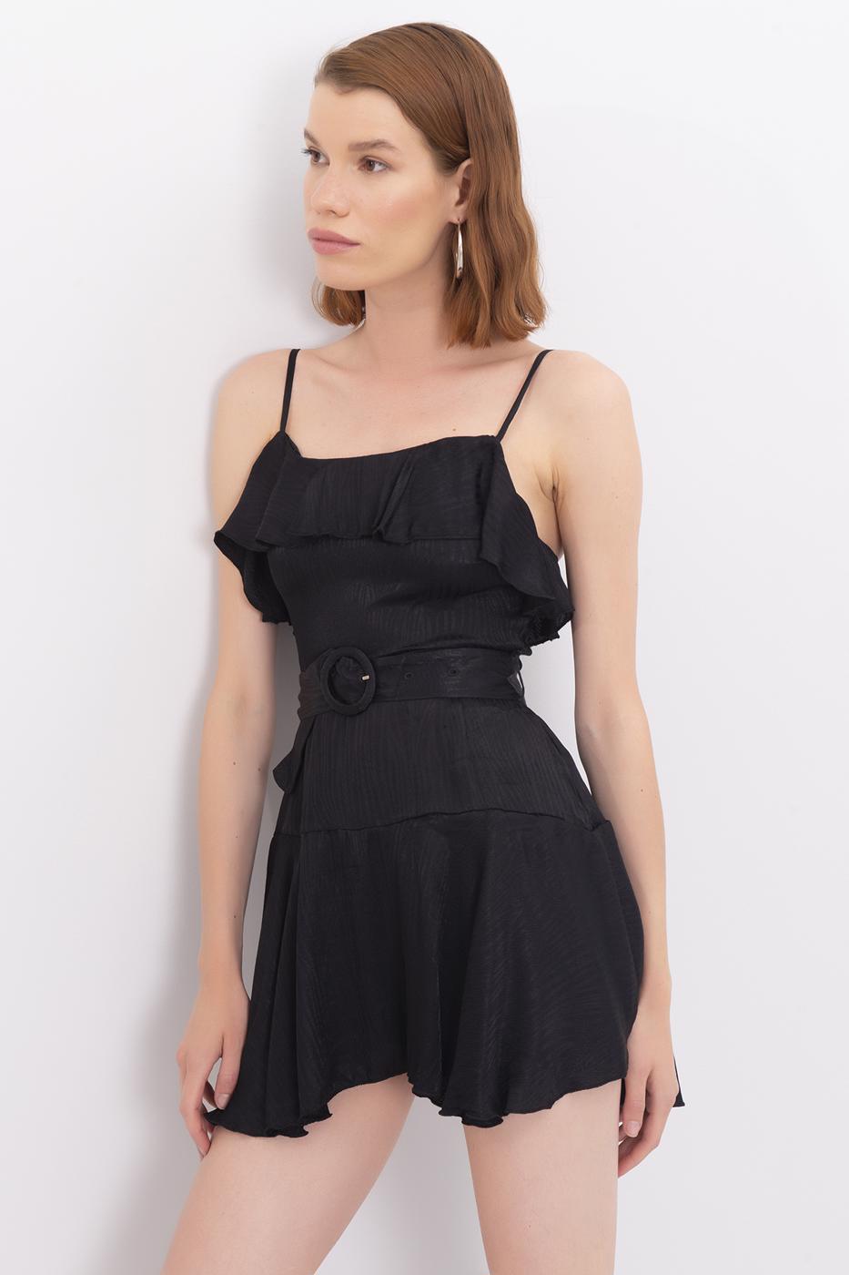Bayan Siyah Kemer Detaylı Asklı Mini Şort Elbise