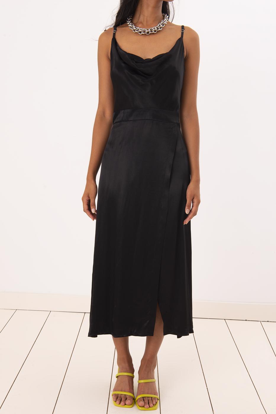 Bayan Siyah Askılı Degaje Yaka Midi Elbise